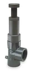 Tough As Nails Adjustable Relief Valve For Home Plumbing Half Inch Threaded Connection CPVC Construction 25 PSI Rated shown from the side.