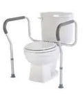Solid Adjustable Toilet Safety Frame With Cushioned Padded Arms For Safe Stand Up Aid And Zero Sweat Installation Plus Heavy Duty 300 Lb Support That Gives You Peace Of Mind Day And Night near a toilet.