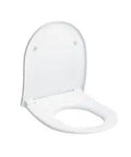 Heavy Duty Soft Close Elongated Toilet Seat With Lid In Crisp Cotton White For Compact Front Bowls, viewed from above.