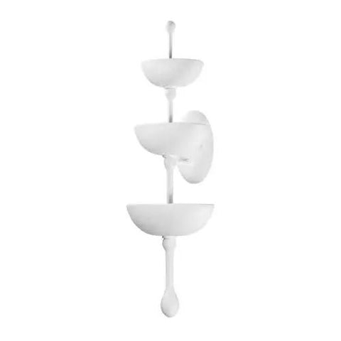 Aura Wall Sconce Six Light Gesso White Finish Damp Rated Bathroom Fixture Solid Steel Frame Thirty Inch Tall wall sconce with three bowl shapes.