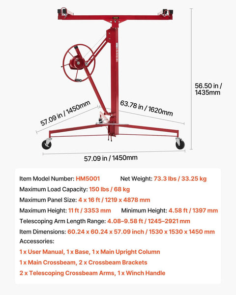 11ft Drywall Lift, Heavy-Duty 150 lbs Sheetrock Hoist with Adjustable Telescoping Arm, Lockable Wheels, red panel jack