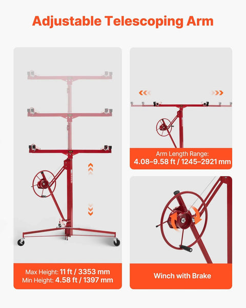 Diagram of 11ft Drywall Lift, Heavy-Duty 150 lbs Sheetrock Hoist with Adjustable Telescoping Arm and Lockable Wheels, showing dimensions