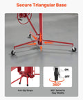 Secure triangular base of 11ft Drywall Lift, Heavy-Duty 150 lbs Sheetrock Hoist with lockable wheels and anti-slip straps in red.