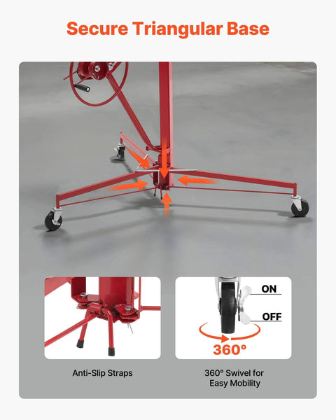 Secure triangular base of 11ft Drywall Lift, Heavy-Duty 150 lbs Sheetrock Hoist with lockable wheels and anti-slip straps in red.