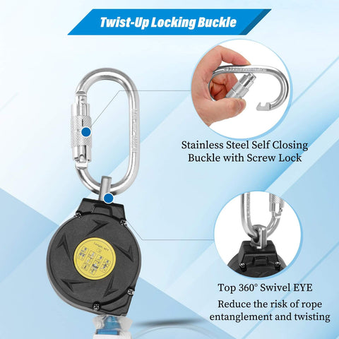 11 Foot Self Retracting Lifeline For Construction Safety Retractable Safety Lanyard With Swivel Top Eye Rebar Hook Shock Pack Absorber close-up
