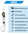 11 Foot Self Retracting Lifeline For Construction Safety Retractable Safety Lanyard With Swivel Top Eye Rebar Hook Shock Pack Absorber Fall Protection Lanyard For Jobsite And House Construction Projects Heavy Duty Easy Mobility product image with specifications