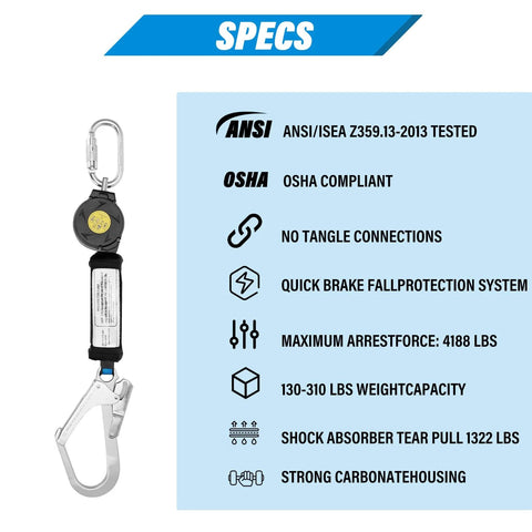 11 Foot Self Retracting Lifeline For Construction Safety Retractable Safety Lanyard With Swivel Top Eye Rebar Hook Shock Pack Absorber Fall Protection Lanyard For Jobsite And House Construction Projects Heavy Duty Easy Mobility product image with specifications