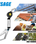 11 Foot Self Retracting Lifeline For Construction Safety Retractable Safety Lanyard With Swivel Top Eye Rebar Hook Shock Pack Absorber Fall Protection Lanyard For Jobsite And House Construction Projects Heavy Duty Easy Mobility shown for use in scaffolding, roofing, engineering, and tree trimming.