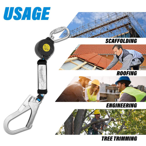 11 Foot Self Retracting Lifeline For Construction Safety Retractable Safety Lanyard With Swivel Top Eye Rebar Hook Shock Pack Absorber Fall Protection Lanyard For Jobsite And House Construction Projects Heavy Duty Easy Mobility shown for use in scaffolding, roofing, engineering, and tree trimming.