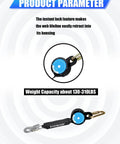 11 Foot Web Self Retracting Lifeline With No Tangle Lightweight Housing SRL External Shock Absorber Self Retractable Safety Lanyard for Fall Arrest PPE Gear shown with housing and weight capacity illustration.