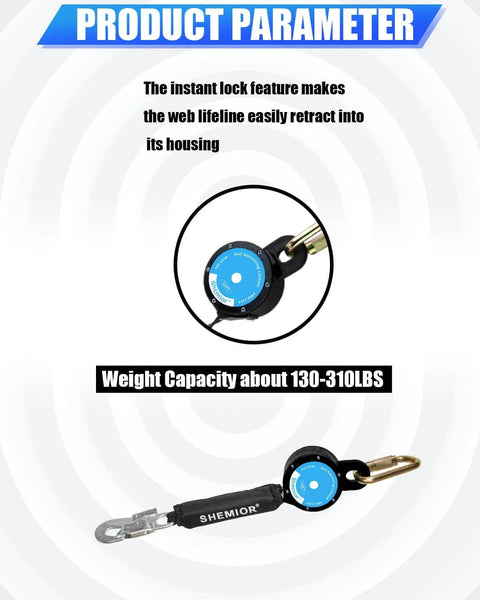 11 Foot Web Self Retracting Lifeline With No Tangle Lightweight Housing SRL External Shock Absorber Self Retractable Safety Lanyard for Fall Arrest PPE Gear shown with housing and weight capacity illustration.