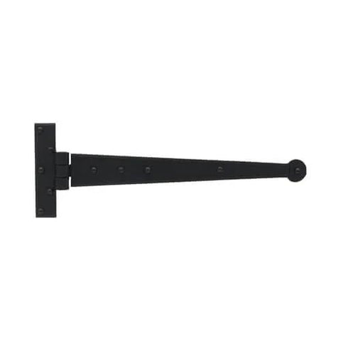 Bean Head Strap Hinges In Wrought Iron Hardware 15 Inch Pair With Hammered Edging And Black Powder Coat Finish, Colonial Style Hand Wrought Hinges