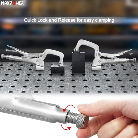11 Inch Bench Clamp Set For Welding Tables With Inserta Pliers And Table Mount Locking C Clamps showing quick lock mechanism