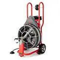 Commercial Grade Five Eighth Drain Snaking Machine With 100 Foot Rotating Cable displayed on a sturdy wheeled cart for easy transport.