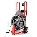 Commercial Grade Five Eighth Drain Snaking Machine With 100 Foot Rotating Cable displayed on a sturdy wheeled cart for easy transport.