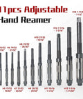 11 Piece Adjustable Hand Reamer Set Pro Grade High Speed Steel For Drilling Machines From Fifteen Thirty Second Inch To One And A Half Inch With Straight Flute And Straight Handle For Precise Hole Sizing And Easy Cutting displayed in rows.