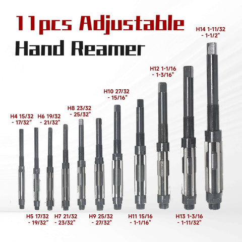 11 Piece Adjustable Hand Reamer Set Pro Grade High Speed Steel For Drilling Machines From Fifteen Thirty Second Inch To One And A Half Inch With Straight Flute And Straight Handle For Precise Hole Sizing And Easy Cutting displayed in rows.