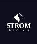 Strom Living logo featuring a diamond graphic in black and white on a dark background.