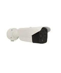 Premium Thermal Bullet Camera Featuring 4Mp Dual-Lens Tech For Instant Fire Detection And AI Powered Analytics Rain Or Shine IP68 Weatherproof Design, side view mounted on wall.