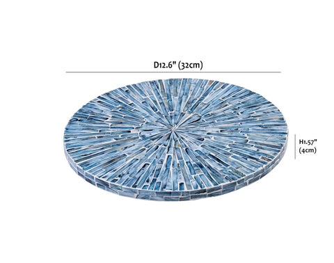 12.6 inch mother of pearl lazy susan turntable with blue starburst design, decorative rotating tray on a white background.