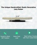 12.6 inch decorative lazy susan turntable with mother of pearl inlay, handcrafted rotating tray side view on patterned background.