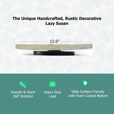 12.6 inch decorative lazy susan turntable with mother of pearl inlay, handcrafted rotating tray side view on patterned background.
