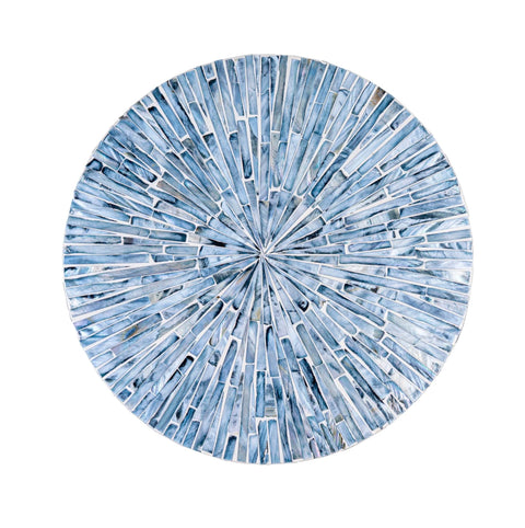 12.6 inch mother of pearl lazy susan turntable with blue starburst design, decorative tray viewed from above.