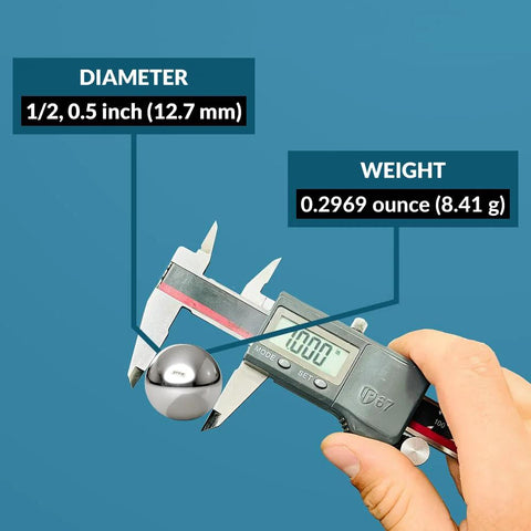 Caliper measuring G25 Precision AISI 440 Stainless Steel Bearing Ball, 1/2 inch diameter, showing 0.2969 oz weight, ISO 9001 certified.