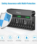 12 Bay Independent Fast Charging Battery Charger For AA AAA 9V NiMH NiCd LCD with multi-protection shield and icons