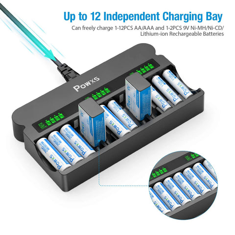 12 Bay Independent Fast Charging Battery Charger For AA AAA 9V NiMH NiCd LCD, loaded with batteries, showing LCD indicators.