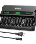 12 Bay Independent Fast Charging Battery Charger For AA AAA 9V NiMH NiCd LCD, black design with visible LCD display and power cables
