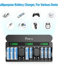 12 Bay Independent Fast Charging Battery Charger For AA AAA 9V NiMH NiCd LCD, showing batteries charged with icons of devices.