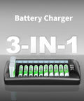 Front view of 12 Bay LCD Battery Charger For AA Or AAA And 9V With 10 AA Or AAA and 2 9V Slots on gray background