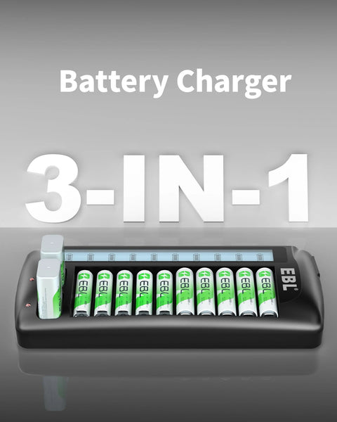 Front view of 12 Bay LCD Battery Charger For AA Or AAA And 9V With 10 AA Or AAA and 2 9V Slots on gray background