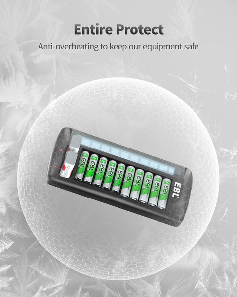 Top view of 12 Bay LCD Battery Charger For AA Or AAA And 9V With 10 AA Or AAA And 2 9V Slots, displaying protective features.