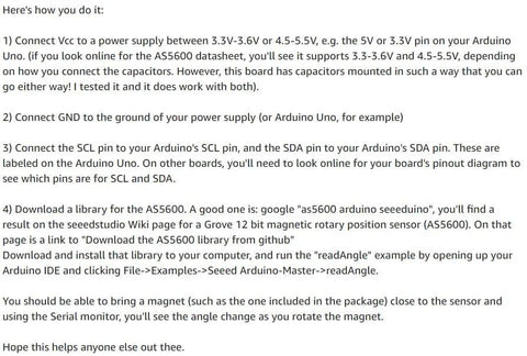 Instruction text for setting up AS5600 Magnetic Encoder 3.3V 12 Bit High Precision Module with Arduino