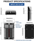 Marine Fuse Block Panel With LED Warning Indicator And Damp Proof Cover, 12 Circuits With Negative Bus And Screw Terminals, DC 12-24V, Fuses Included For Car Boat RV Truck, Plug-And-Play Short-Circuit Diagnosis dimensions and specifications shown