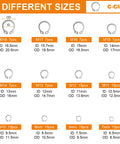 Chart showing 12 different sizes of C-clips from M7 to M18 in the 312 Piece Retaining Ring Kit With E Clips And External C Clips In 304 Stainless Steel.