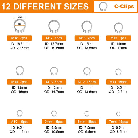 Chart showing 12 different sizes of C-clips from M7 to M18 in the 312 Piece Retaining Ring Kit With E Clips And External C Clips In 304 Stainless Steel.