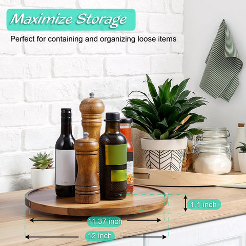 12-Inch Acacia Wood Lazy Susan Turntable Organizer with condiments on kitchen countertop