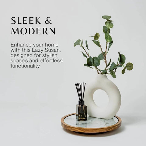 12 inch acacia wood lazy susan turntable with removable glass plate, styled with a modern vase and decor.