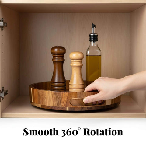 12 inch acacia wood lazy susan wooden turntable organizer with spices in a cabinet, showcasing smooth rotation.