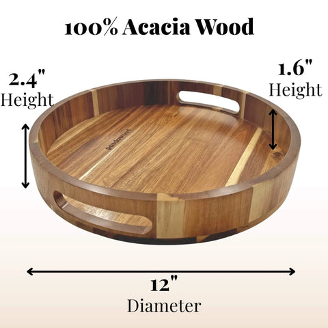 12 inch acacia wood lazy susan wooden turntable organizer with handles, natural wood design for serving and display.