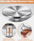 Aluminum Alloy Revolving Cake Stand 12 Inch Rotating Turntable with non-slip plate and anti-slip base for stable countertop performance.