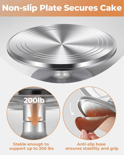 Aluminum Alloy Revolving Cake Stand 12 Inch Rotating Turntable with non-slip plate and anti-slip base for stable countertop performance.