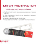 Starrett 12-Inch Aluminum Miter Protractor with Dual Laser Engraved Scales shown with features and specifications.