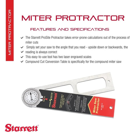 Starrett 12-Inch Aluminum Miter Protractor with Dual Laser Engraved Scales shown with features and specifications.