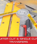 Starrett 12-Inch Aluminum Miter Protractor with Dual Laser Engraved Scales on a workbench, used for measuring angles.