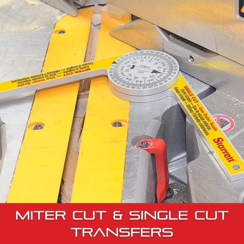 Starrett 12-Inch Aluminum Miter Protractor with Dual Laser Engraved Scales on a workbench, used for measuring angles.