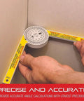 Person using Starrett 12-Inch Aluminum Miter Protractor with Dual Laser Engraved Scales to measure a wall angle for precise cuts.